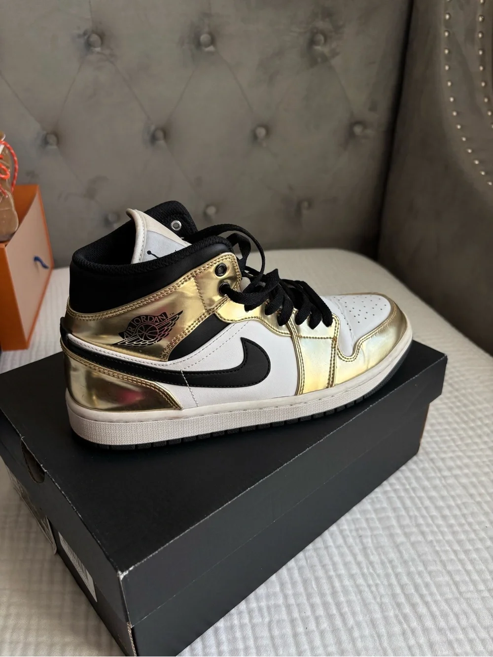 Jordan High-Top Sneakers in Gold, White & Black